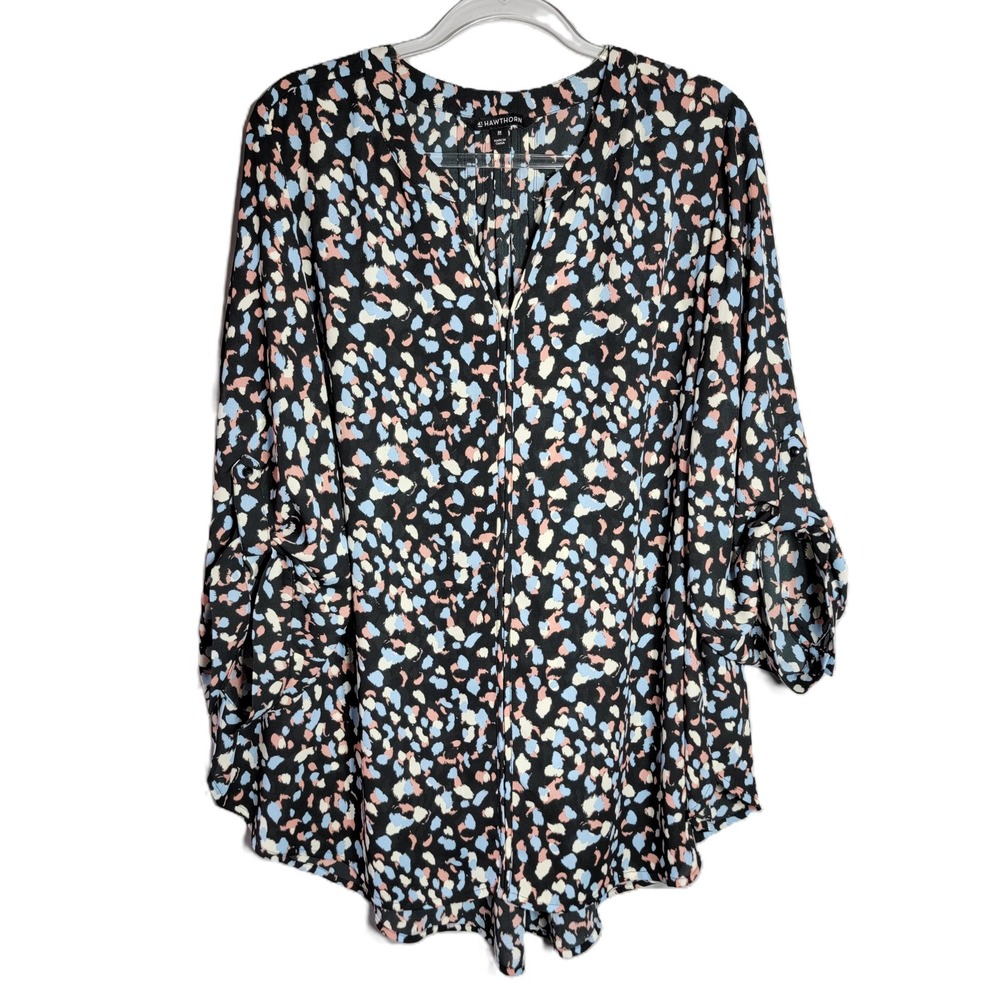 41 Hawthorn Womens Plus Size‎ 3X Black Roll Tab Sleeve V-Neck Blouse